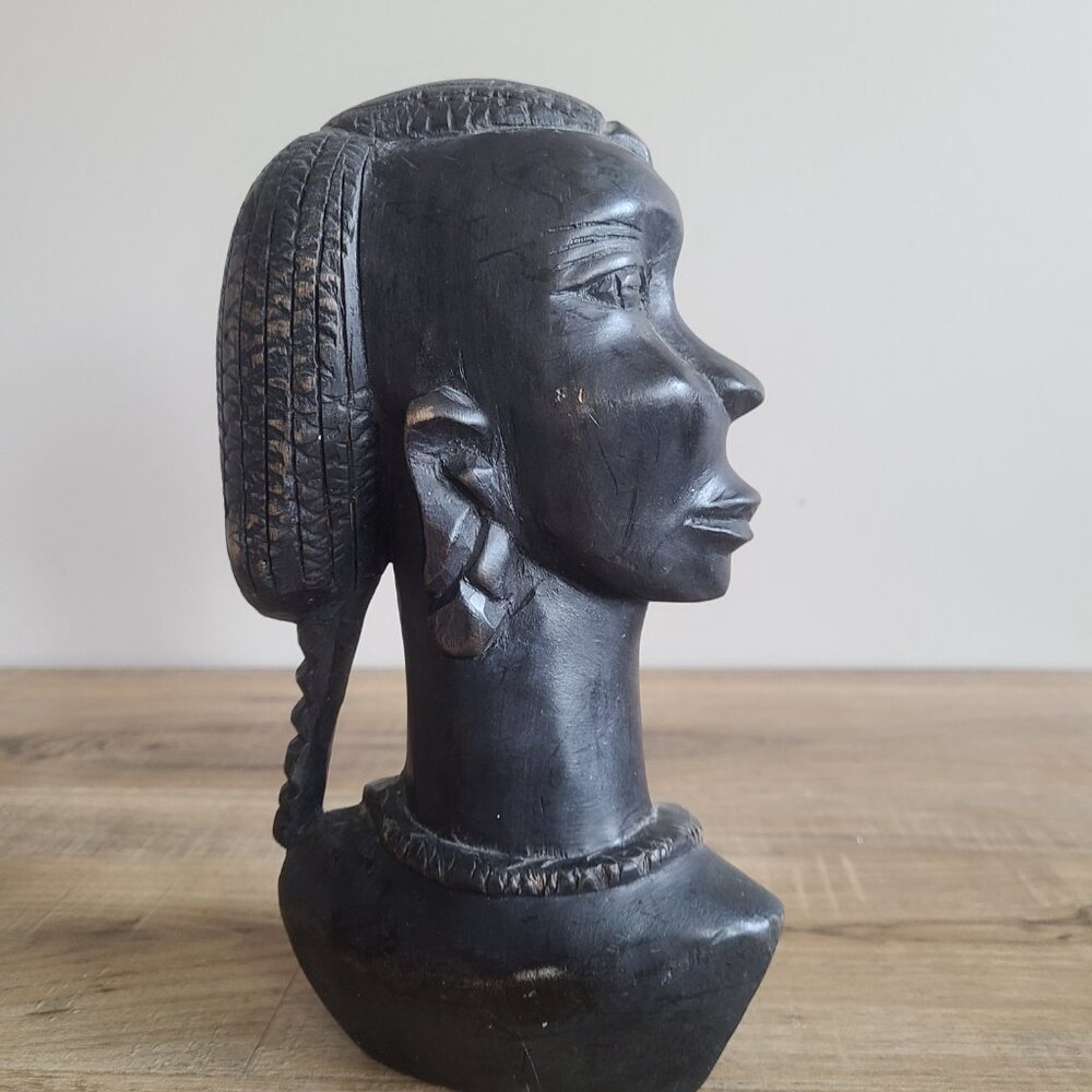 Vintage 10'' tall hand carved ebony wood African tribal head bust statue. - Picture 3 of 7